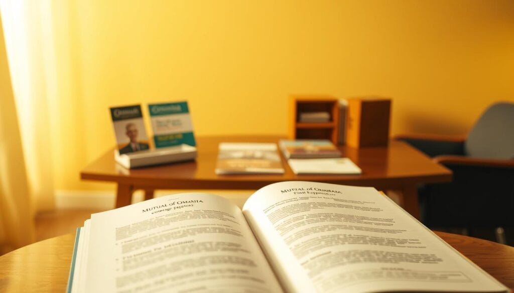 A serene, golden-lit room showcases a selection of final expense coverage options. In the foreground, an open book displays information on Mutual of Omaha's policies, its pages illuminated by soft, directional lighting. In the middle ground, a polished wood table hosts brochures and documents, conveying a sense of professionalism and attention to detail. The background features a warm, neutral-toned wall, creating a calming, contemplative atmosphere suitable for discussing important financial decisions. The overall composition emphasizes the reliability and trustworthiness of Mutual of Omaha's final expense coverage, inviting the viewer to explore their options with confidence. A serene, golden-lit room showcases a selection of final expense coverage options. In the foreground, an open book displays information on Mutual of Omaha's policies, its pages illuminated by soft, directional lighting. In the middle ground, a polished wood table hosts brochures and documents, conveying a sense of professionalism and attention to detail. The background features a warm, neutral-toned wall, creating a calming, contemplative atmosphere suitable for discussing important financial decisions. The overall composition emphasizes the reliability and trustworthiness of Mutual of Omaha's final expense coverage, inviting the viewer to explore their options with confidence.