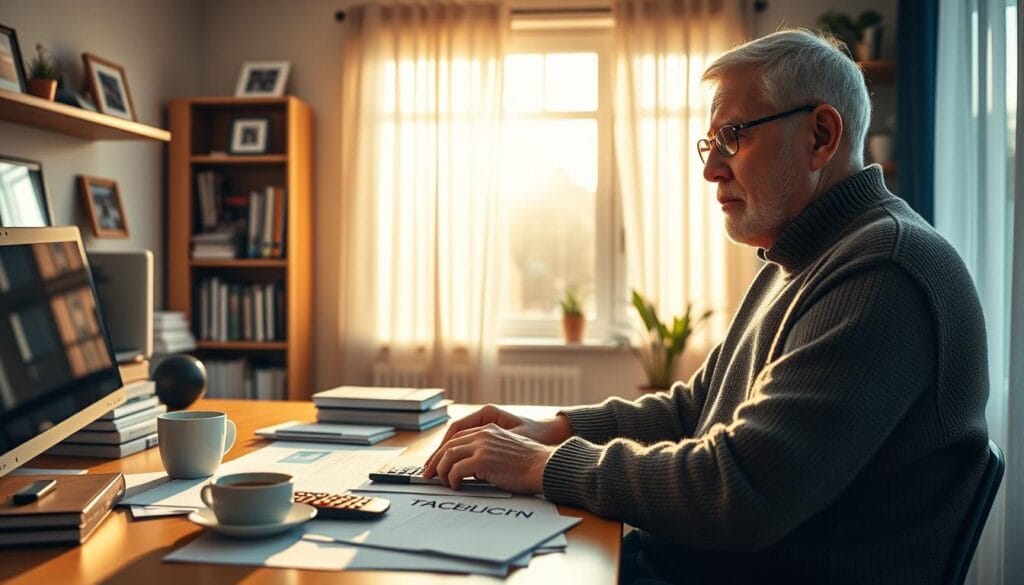 A serene home office filled with the afternoon sun, showcasing a senior taxpayer reviewing documents and preparing tax deductions. On the desk, a calculator, a cup of coffee, and neatly organized papers. Shelves line the walls, housing reference books and family photos. The taxpayer, dressed in a cozy sweater, contemplates their financial strategy with a thoughtful expression. Warm, diffused lighting creates a sense of comfort and productivity, while the angle captures the taxpayer's focused gaze, highlighting the importance of maximizing deductions and credits in retirement.