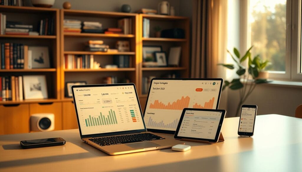 A serene home office scene in the year 2025, bathed in warm, natural lighting from a large window. On a sleek, minimalist desk, a laptop displays an intuitive AI-powered budgeting dashboard, with smooth graphs and intelligent spending insights. Next to it, a tablet showcases a family finance management app, its interface clean and user-friendly. In the background, bookshelves filled with financial guides and smart home devices create a sense of organized productivity. The atmosphere is one of effortless control, as the family's financial well-being is seamlessly woven into their everyday digital lives. A serene home office scene in the year 2025, bathed in warm, natural lighting from a large window. On a sleek, minimalist desk, a laptop displays an intuitive AI-powered budgeting dashboard, with smooth graphs and intelligent spending insights. Next to it, a tablet showcases a family finance management app, its interface clean and user-friendly. In the background, bookshelves filled with financial guides and smart home devices create a sense of organized productivity. The atmosphere is one of effortless control, as the family's financial well-being is seamlessly woven into their everyday digital lives.