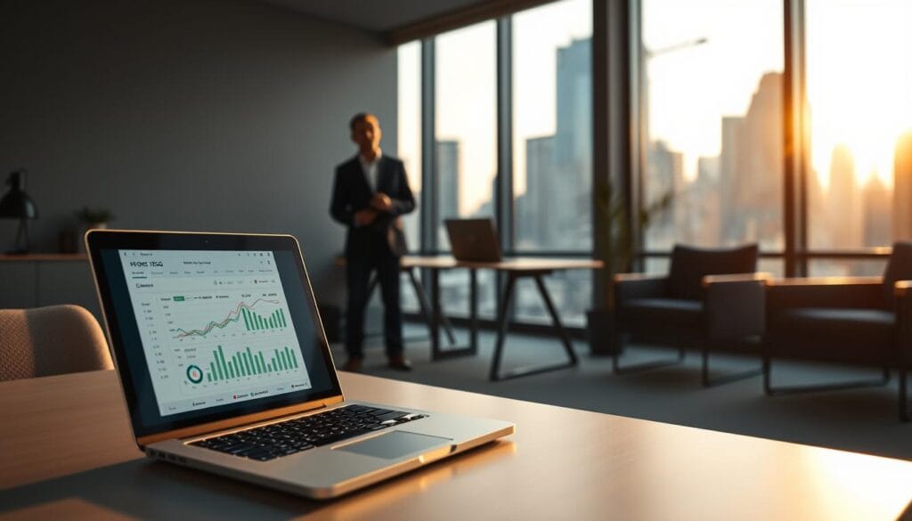 A serene, low-lit office space with modern, minimalist furniture. In the foreground, a laptop displays a well-balanced, diversified ESG portfolio on its screen, its performance metrics presented in a clean, data-driven interface. In the middle ground, a financial planner dressed in business casual attire stands beside a desk, deep in concentration as they review the portfolio details. The background features floor-to-ceiling windows overlooking a bustling cityscape, bathed in the warm glow of the setting sun, conveying a sense of urban sustainability and responsible investing.