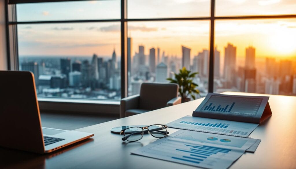 A serene office interior with a large panoramic window overlooking a cityscape at sunset. In the foreground, a sleek, minimalist desk with a laptop, a tablet, and a pair of reading glasses. On the desk, various investment charts and graphs are displayed, representing portfolio strategies. The middle ground features a comfortable chair and a potted plant, creating a calming, professional atmosphere. The background showcases the vibrant hues of the urban landscape, with skyscrapers silhouetted against the golden sky. The lighting is warm and soft, casting a gentle glow over the scene. The overall composition conveys a sense of thoughtful financial planning and strategic investment.