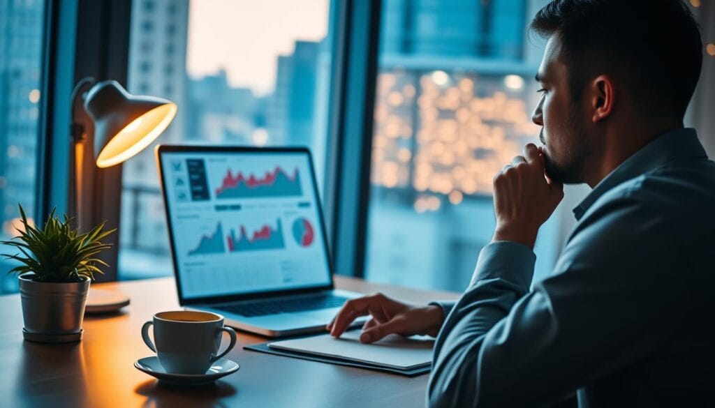 A serene office scene, with a desk illuminated by warm, natural lighting from a large window. On the desk, a laptop displays a sentiment analysis dashboard, the screen showing colorful charts and graphs depicting market trends. In the foreground, a thoughtful investor examines the data, a hand on their chin as they contemplate their next move. The middle ground features a potted plant and a cup of coffee, creating a sense of focus and contemplation. The background is softly blurred, hinting at the bustling city outside, but keeping the attention on the analytical process at hand. The overall mood is one of quiet, informed decision-making, where AI-powered insights guide the investor's strategy.