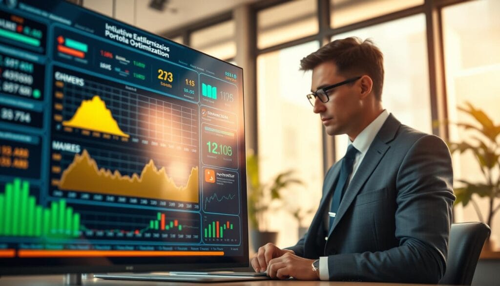 A serene office scene with a vibrant digital interface in the foreground, displaying intuitive portfolio optimization tools. In the background, a financial advisor dressed in a crisp suit, deeply engrossed in analyzing stock tickers and market data. Soft natural lighting filters through large windows, casting a warm glow on the scene. The mood is one of focused efficiency and technological innovation, capturing the essence of how robo-advisors revolutionize tax-efficient investing. A serene office scene with a vibrant digital interface in the foreground, displaying intuitive portfolio optimization tools. In the background, a financial advisor dressed in a crisp suit, deeply engrossed in analyzing stock tickers and market data. Soft natural lighting filters through large windows, casting a warm glow on the scene. The mood is one of focused efficiency and technological innovation, capturing the essence of how robo-advisors revolutionize tax-efficient investing.