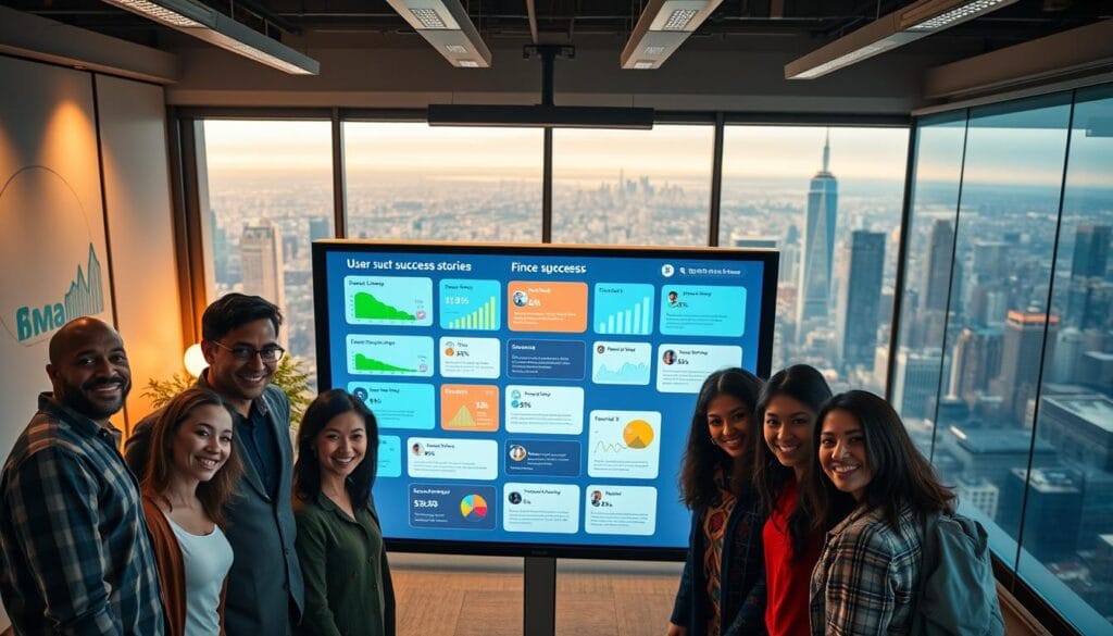 A serene office setting, the walls adorned with vibrant financial charts and graphs. In the foreground, a group of diverse individuals, their faces beaming with satisfaction, gathered around a large touchscreen display showcasing user success stories from various fintech apps. The lighting is warm and inviting, casting a soft glow on the scene. The angle is slightly elevated, providing a bird's-eye view of the scene, emphasizing the collaborative and celebratory atmosphere. The background features a panoramic view of a bustling city skyline, symbolizing the broad reach and impact of these financial tools. The overall mood is one of achievement, empowerment, and a sense of financial well-being. A serene office setting, the walls adorned with vibrant financial charts and graphs. In the foreground, a group of diverse individuals, their faces beaming with satisfaction, gathered around a large touchscreen display showcasing user success stories from various fintech apps. The lighting is warm and inviting, casting a soft glow on the scene. The angle is slightly elevated, providing a bird's-eye view of the scene, emphasizing the collaborative and celebratory atmosphere. The background features a panoramic view of a bustling city skyline, symbolizing the broad reach and impact of these financial tools. The overall mood is one of achievement, empowerment, and a sense of financial well-being.