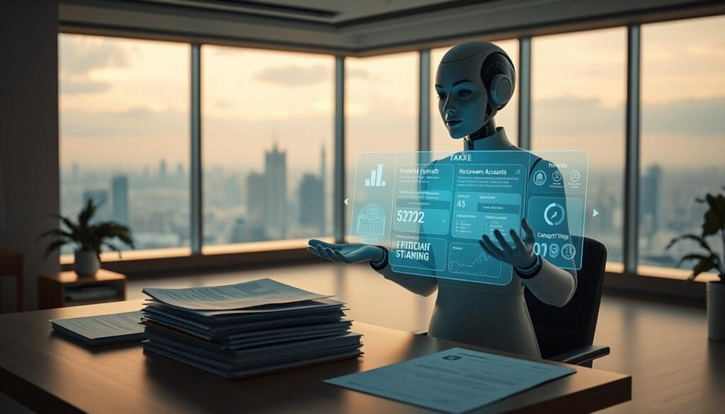 A serene office setting, with a futuristic AI assistant hovering above a desk. On the desk, a stack of tax forms and a holographic display showcasing various tax optimization strategies. The assistant gestures towards the display, illuminating a detailed visualization of investment portfolios, retirement accounts, and tax-efficient financial planning tools. Soft, ambient lighting casts a warm glow, creating a sense of tranquility and technological sophistication. In the background, a panoramic window offers a view of a futuristic cityscape, hinting at the integration of AI-powered solutions into everyday financial management.