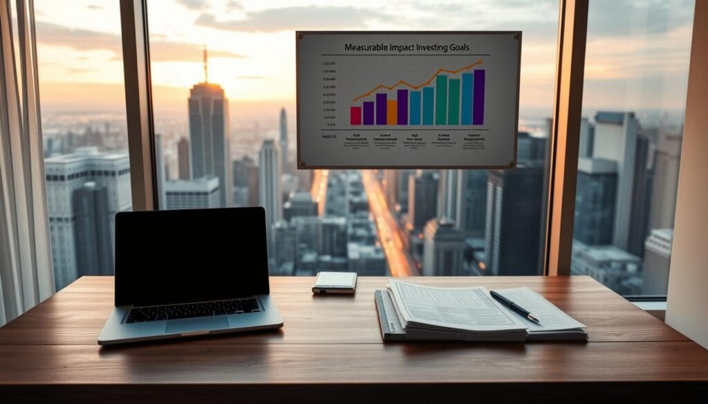 A serene office setting with a large window overlooking a bustling city skyline. In the foreground, a minimalist wooden desk holds a laptop, a graph plotter, and a stack of financial documents. Above the desk, a whiteboard displays a series of measurable impact investing goals, represented through colorful infographic elements. The lighting is warm and natural, creating a contemplative atmosphere. In the background, a city landscape with towering skyscrapers and a hint of a vibrant sunset. The overall composition conveys a sense of purpose, progress, and a commitment to positive social and environmental change through strategic impact investing. A serene office setting with a large window overlooking a bustling city skyline. In the foreground, a minimalist wooden desk holds a laptop, a graph plotter, and a stack of financial documents. Above the desk, a whiteboard displays a series of measurable impact investing goals, represented through colorful infographic elements. The lighting is warm and natural, creating a contemplative atmosphere. In the background, a city landscape with towering skyscrapers and a hint of a vibrant sunset. The overall composition conveys a sense of purpose, progress, and a commitment to positive social and environmental change through strategic impact investing.