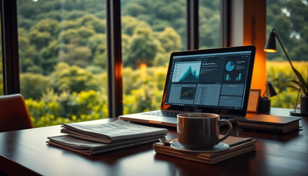 A serene office setting with a large window overlooking a lush, verdant landscape. On the desk, a laptop displays intricate data visualizations and natural language processing algorithms. Warm, directional lighting illuminates the scene, casting soft shadows and highlighting the details of the workspace. In the foreground, a stack of finance reports and a cup of steaming coffee, symbolizing the fusion of human expertise and AI-driven insights. The atmosphere is one of focused, productive contemplation, where the latest advancements in natural language processing are applied to investment analysis and portfolio optimization. A serene office setting with a large window overlooking a lush, verdant landscape. On the desk, a laptop displays intricate data visualizations and natural language processing algorithms. Warm, directional lighting illuminates the scene, casting soft shadows and highlighting the details of the workspace. In the foreground, a stack of finance reports and a cup of steaming coffee, symbolizing the fusion of human expertise and AI-driven insights. The atmosphere is one of focused, productive contemplation, where the latest advancements in natural language processing are applied to investment analysis and portfolio optimization.