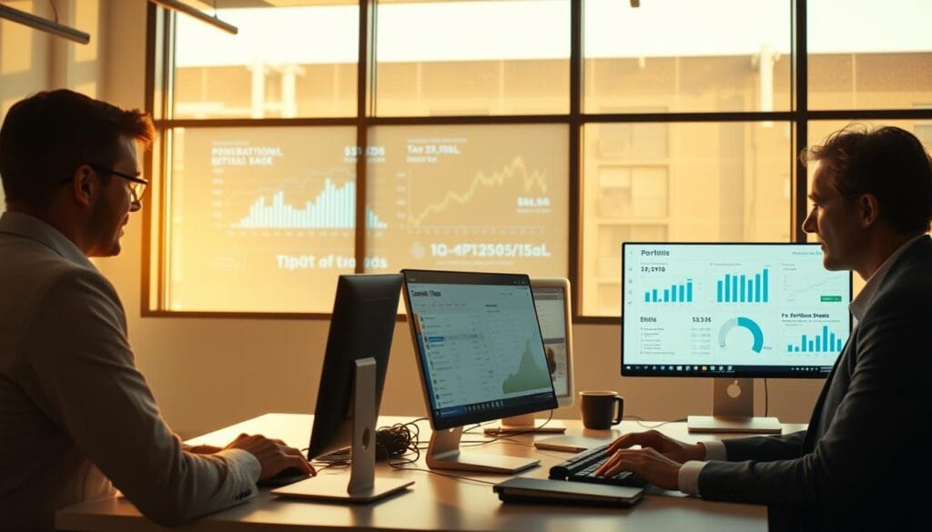 A serene office setting with three financial advisors using robo-advisor software on desktop computers. Warm, natural lighting through large windows, casting soft shadows across the contemporary, minimalist decor. The advisors, dressed in professional attire, are intently studying portfolio performance metrics and tax optimization strategies on their screens. In the background, a stylized visual of stock tickers and financial charts is projected on the wall, hinting at the data-driven nature of their work. An atmosphere of focused productivity and subject matter expertise pervades the scene. A serene office setting with three financial advisors using robo-advisor software on desktop computers. Warm, natural lighting through large windows, casting soft shadows across the contemporary, minimalist decor. The advisors, dressed in professional attire, are intently studying portfolio performance metrics and tax optimization strategies on their screens. In the background, a stylized visual of stock tickers and financial charts is projected on the wall, hinting at the data-driven nature of their work. An atmosphere of focused productivity and subject matter expertise pervades the scene.