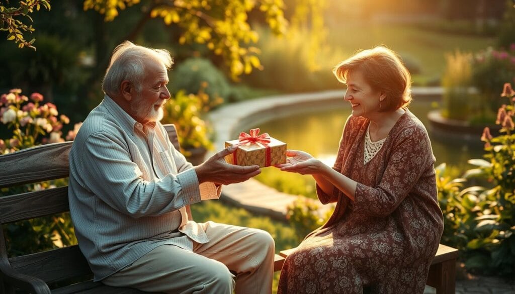 A serene, sun-dappled garden scene, where a trustworthy, elder family patriarch sits on a weathered wooden bench, gently handing over a beautifully wrapped gift to a younger relative. Warm, diffused lighting casts a golden glow, highlighting the act of generosity and the transfer of wealth between generations. In the background, a lush, verdant landscape with blooming flowers and a peaceful pond, symbolizing the growth and endurance of familial bonds. The composition is balanced, with the figures placed in the foreground, inviting the viewer to witness this intimate moment of trust and gifting strategies.