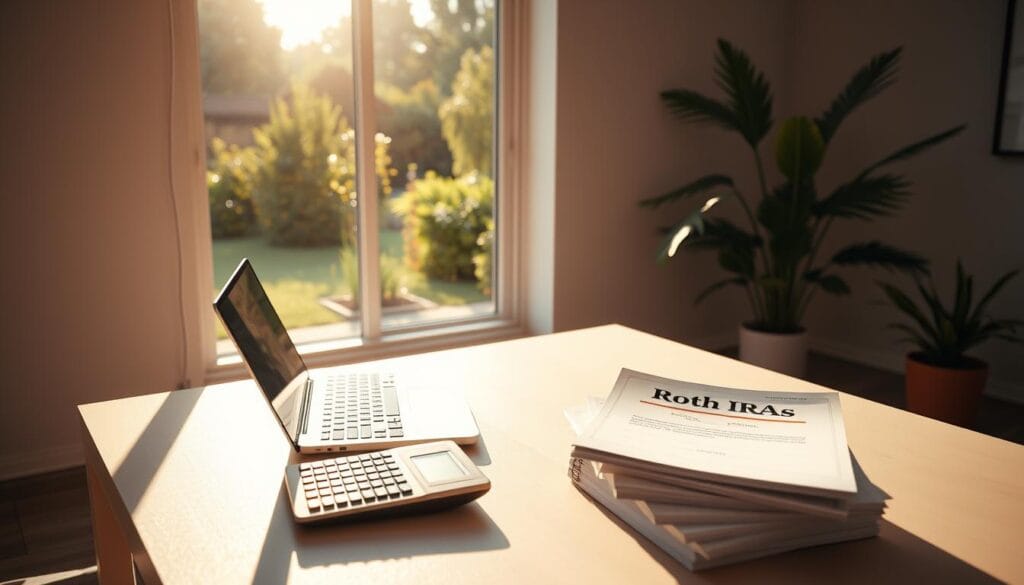 A serene, sun-drenched scene of a modern office workspace, with a clean, minimalist desk displaying an open laptop, a financial calculator, and a stack of documents labeled "Roth IRA Strategies". Soft, directional lighting casts warm shadows, creating a sense of thoughtful contemplation. In the background, a large window overlooks a lush garden, hinting at the tranquility and work-life balance sought by those planning for early retirement. The overall atmosphere is one of focused productivity, financial discipline, and a glimpse of the rewards to come.