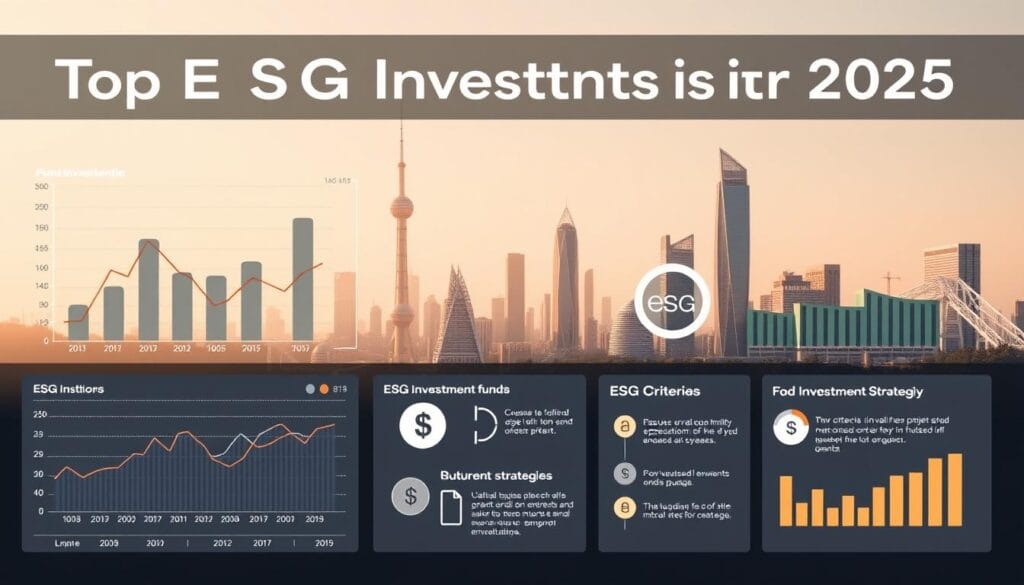 A serene, well-designed financial dashboard displaying the top ESG investment funds for 2025. The foreground showcases sleek charts, graphs, and fund performance metrics against a muted, sophisticated color palette. The middle ground features stylized icons and infographics highlighting key ESG criteria and investment strategies. The background depicts a minimalist cityscape with modern, eco-conscious architecture bathed in warm, natural lighting, conveying a sense of responsible, sustainable growth. The overall mood is one of informed, thoughtful investment in a future-focused, environmentally-conscious world.