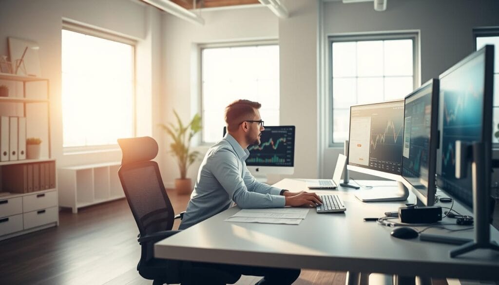 A serene, well-lit office interior with a large desk and computer setup. In the foreground, a person sits intently, studying financial documents and digital charts on multiple monitors. The desk is organized, with a sleek mouse, keyboard, and minimal clutter. Soft sunlight filters in through large windows, casting a warm glow on the scene. The background features clean, modern decor, with minimalist shelving and a potted plant adding a touch of nature. The overall atmosphere conveys a sense of efficiency, focus, and the seamless integration of technology into the process of automated tax-loss harvesting. A serene, well-lit office interior with a large desk and computer setup. In the foreground, a person sits intently, studying financial documents and digital charts on multiple monitors. The desk is organized, with a sleek mouse, keyboard, and minimal clutter. Soft sunlight filters in through large windows, casting a warm glow on the scene. The background features clean, modern decor, with minimalist shelving and a potted plant adding a touch of nature. The overall atmosphere conveys a sense of efficiency, focus, and the seamless integration of technology into the process of automated tax-loss harvesting.