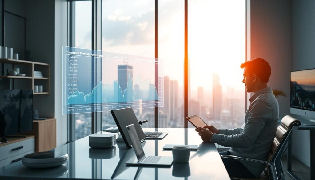 A serene, well-lit office interior with a large window overlooking a bustling city skyline. In the foreground, a young investor sits at a sleek desk, reviewing financial data on a tablet. Next to the desk, an array of smart home devices and digital financial tools demonstrate the convenience and automation of modern investment management. The middle ground features a holographic chart visualizing investment portfolio performance, while the background showcases cutting-edge financial analytics software running on multiple displays. The overall atmosphere conveys a sense of efficiency, optimization, and the empowerment of emerging investors through innovative robo-advisory services. A serene, well-lit office interior with a large window overlooking a bustling city skyline. In the foreground, a young investor sits at a sleek desk, reviewing financial data on a tablet. Next to the desk, an array of smart home devices and digital financial tools demonstrate the convenience and automation of modern investment management. The middle ground features a holographic chart visualizing investment portfolio performance, while the background showcases cutting-edge financial analytics software running on multiple displays. The overall atmosphere conveys a sense of efficiency, optimization, and the empowerment of emerging investors through innovative robo-advisory services.