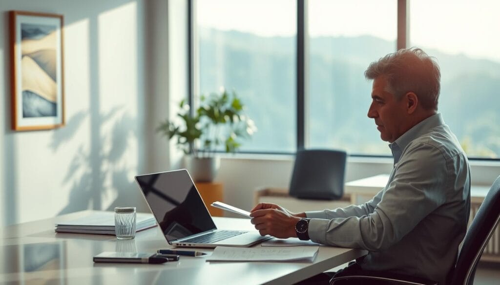 A serene, well-lit office setting with a clean, modern aesthetic. In the foreground, a person sitting at a desk, reviewing financial documents with a thoughtful expression. On the desk, a laptop, a pen, and a stack of papers, hinting at the task at hand. In the middle ground, a potted plant and a framed artwork on the wall, adding a touch of personalization to the space. The background is softly blurred, suggesting a window with a view of a tranquil, natural landscape, conveying a sense of balance and calm. The overall mood is one of focus, efficiency, and the thoughtful application of financial tools to address pressing needs.