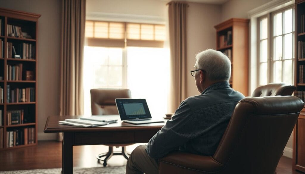 A serene, well-lit office setting with a wooden desk, a plush leather chair, and bookshelves lining the walls. On the desk, a laptop and financial documents are neatly arranged, conveying an atmosphere of thoughtful retirement planning. In the foreground, a retired individual sits contemplatively, considering various tax-efficient withdrawal strategies displayed on the laptop screen. Soft natural light filters through large windows, creating a warm, inviting ambiance. The overall scene suggests a contemplative, financially responsible approach to securing a comfortable retirement.