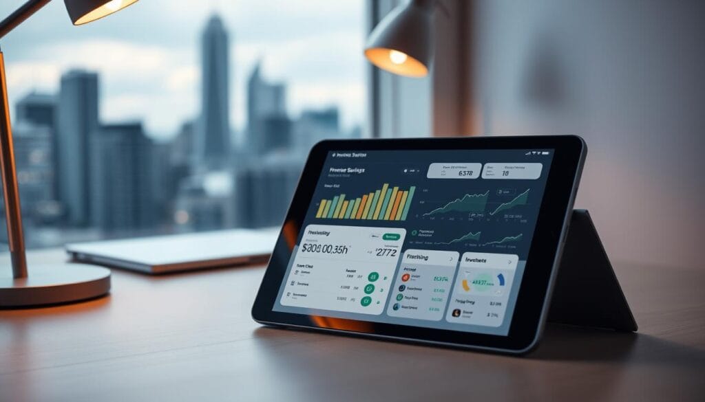 A serene, well-lit workspace with a minimalist desk featuring a sleek, modern savings investment management app on a tablet screen. The app's interface showcases intuitive data visualizations, budgeting tools, and investment options. The background features a blurred cityscape, conveying a sense of financial security and growth. Subtle, warm lighting from a desk lamp casts a cozy glow, creating an atmosphere of focused productivity. The composition is balanced, with the app interface commanding the center of attention, surrounded by complementary design elements that enhance the overall aesthetic.