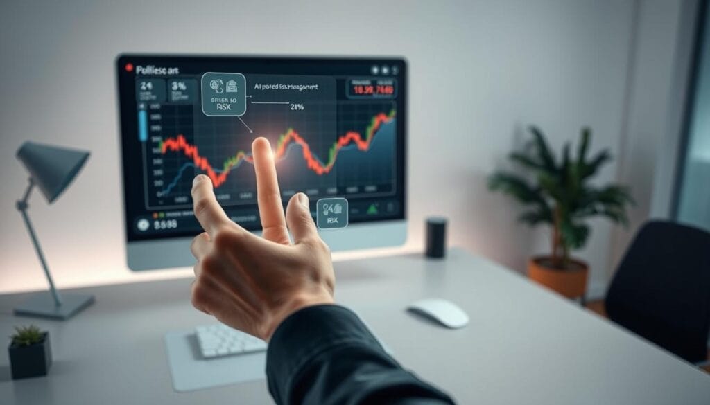 A serene workspace with a minimalist desk, clean lines, and a large monitor displaying a graph visualizing risk data. In the foreground, a hand interacts with a transparent holographic interface, manipulating AI-powered risk management tools. Soft, diffused lighting creates a calming atmosphere, while the background blurs out to emphasize the focus on the digital workspace. The scene conveys a sense of control, efficiency, and the harmonious integration of advanced technology in financial planning.