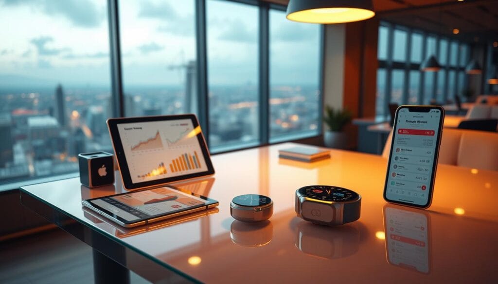 A serene workspace with a sleek glass desk, illuminated by warm overhead lighting. On the desk, an array of digital financial wellness tools - a tablet displaying a budgeting app, a smartwatch tracking fitness metrics, and a smartphone showing a retirement planning dashboard. The background features a panoramic cityscape, hinting at the modern, connected world of personal finance. The scene conveys a sense of organization, control, and a vision for a financially secure future. A serene workspace with a sleek glass desk, illuminated by warm overhead lighting. On the desk, an array of digital financial wellness tools - a tablet displaying a budgeting app, a smartwatch tracking fitness metrics, and a smartphone showing a retirement planning dashboard. The background features a panoramic cityscape, hinting at the modern, connected world of personal finance. The scene conveys a sense of organization, control, and a vision for a financially secure future.