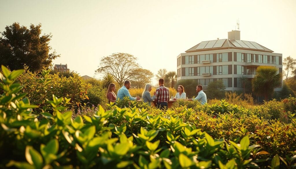 A serene, yet vibrant landscape depicting socially responsible investment options. In the foreground, a diverse array of thriving green plants and lush foliage symbolize sustainable, eco-friendly investments. In the middle ground, a group of people of different ages and backgrounds gather around a table, discussing investment strategies that prioritize social and environmental impact. In the background, a modern, energy-efficient building with solar panels on the roof stands as a testament to responsible corporate practices. The scene is bathed in warm, golden light, creating a sense of hope and optimism. The overall composition conveys a harmonious balance between financial growth and social responsibility. A serene, yet vibrant landscape depicting socially responsible investment options. In the foreground, a diverse array of thriving green plants and lush foliage symbolize sustainable, eco-friendly investments. In the middle ground, a group of people of different ages and backgrounds gather around a table, discussing investment strategies that prioritize social and environmental impact. In the background, a modern, energy-efficient building with solar panels on the roof stands as a testament to responsible corporate practices. The scene is bathed in warm, golden light, creating a sense of hope and optimism. The overall composition conveys a harmonious balance between financial growth and social responsibility.