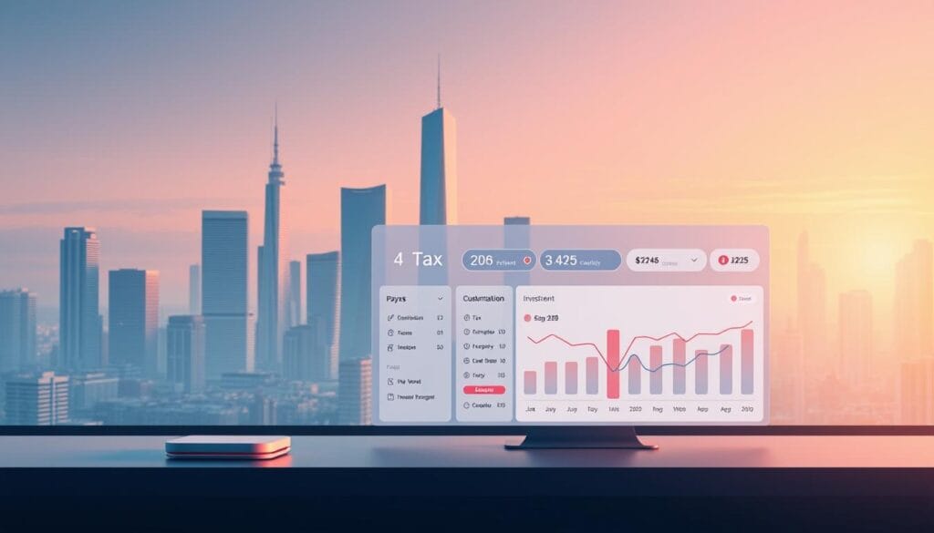 A sharp, high-resolution, beautifully lit, digital illustration depicting the key features of a tax-efficient robo-advisor in the foreground. In the middle ground, a modern financial dashboard with customizable tax optimization tools and personalized investment strategies. In the background, a sleek, minimalist skyline with skyscrapers representing the futuristic financial landscape of 2025. The overall mood is one of advanced, forward-thinking financial technology providing seamless, intelligent tax management. A sharp, high-resolution, beautifully lit, digital illustration depicting the key features of a tax-efficient robo-advisor in the foreground. In the middle ground, a modern financial dashboard with customizable tax optimization tools and personalized investment strategies. In the background, a sleek, minimalist skyline with skyscrapers representing the futuristic financial landscape of 2025. The overall mood is one of advanced, forward-thinking financial technology providing seamless, intelligent tax management.