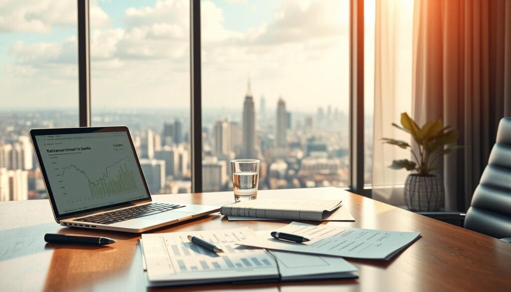 A sharply detailed, photorealistic illustration of the "RMD strategies 2025" concept. The scene depicts a financial advisor's desk, meticulously arranged with retirement planning documents, a laptop displaying relevant data, and a glass of water. The lighting is warm and natural, creating a professional yet approachable atmosphere. In the background, a panoramic view of a bustling city skyline is visible through a large window, hinting at the broader economic context. The composition emphasizes the importance of careful planning and attention to detail when managing required minimum distributions in the year 2025.