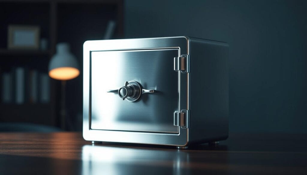 A shiny metal safe standing prominently on a dark wooden surface, its sturdy frame and gleaming chrome exterior conveying an air of security and reliability. Soft, indirect lighting casts subtle shadows, highlighting the safe's solid construction and attention to detail. The background is blurred, hinting at a minimalist office or study environment, allowing the safe to remain the central focus. The overall scene evokes a sense of confidence and trust, perfectly capturing the essence of a cold storage cryptocurrency wallet - a physical, offline device for safeguarding valuable digital assets. A shiny metal safe standing prominently on a dark wooden surface, its sturdy frame and gleaming chrome exterior conveying an air of security and reliability. Soft, indirect lighting casts subtle shadows, highlighting the safe's solid construction and attention to detail. The background is blurred, hinting at a minimalist office or study environment, allowing the safe to remain the central focus. The overall scene evokes a sense of confidence and trust, perfectly capturing the essence of a cold storage cryptocurrency wallet - a physical, offline device for safeguarding valuable digital assets.