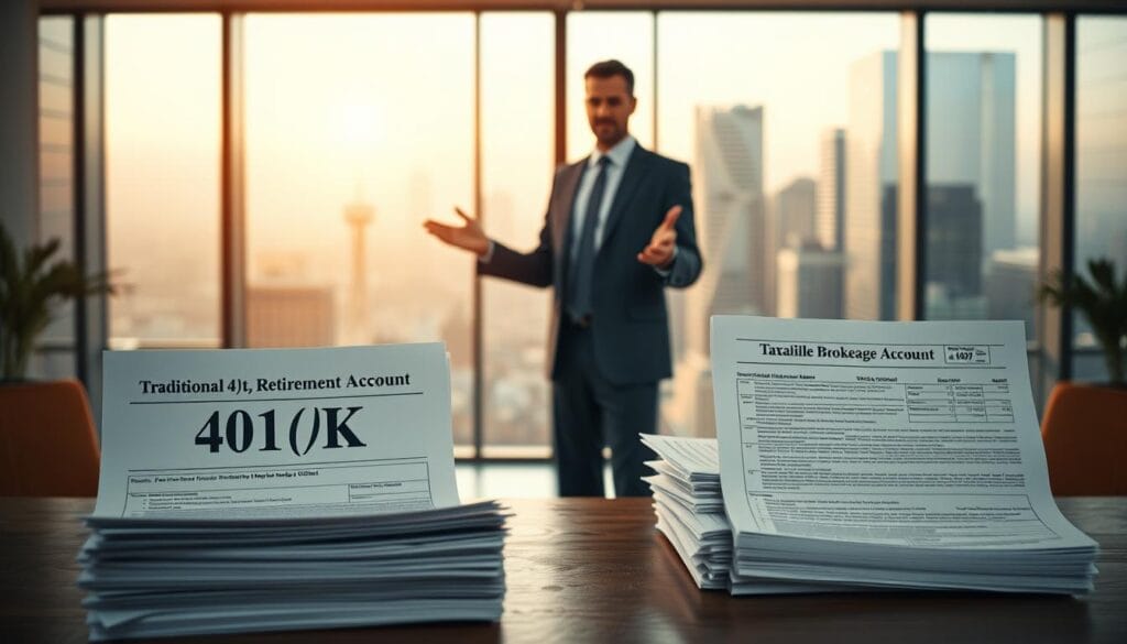 A side-by-side comparison of a traditional 401(k) retirement account and a taxable brokerage account. In the foreground, a stack of retirement account statements and a pile of 1099 tax forms. In the middle ground, a financial advisor in a tailored suit standing between the two accounts, gesturing towards them. In the background, a modern office setting with floor-to-ceiling windows overlooking a bustling city skyline, bathed in warm, golden-hour lighting. The mood is one of professional expertise, financial security, and careful consideration of investment options. A side-by-side comparison of a traditional 401(k) retirement account and a taxable brokerage account. In the foreground, a stack of retirement account statements and a pile of 1099 tax forms. In the middle ground, a financial advisor in a tailored suit standing between the two accounts, gesturing towards them. In the background, a modern office setting with floor-to-ceiling windows overlooking a bustling city skyline, bathed in warm, golden-hour lighting. The mood is one of professional expertise, financial security, and careful consideration of investment options.