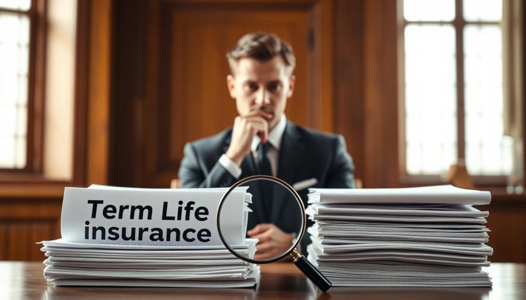 A side-by-side comparison of term life insurance and whole life insurance policies, set against a backdrop of a well-lit, wood-paneled office. In the foreground, two stacks of documents represent the key features of each policy type, with a magnifying glass hovering over them, inviting closer inspection. The middle ground features a businessman in a sharp suit, deep in thought, contemplating the financial implications of his life insurance decision. The background is softly blurred, emphasizing the importance of the choice at hand. The lighting is warm and natural, conveying a sense of professionalism and trustworthiness. The overall atmosphere is one of careful consideration and financial security. A side-by-side comparison of term life insurance and whole life insurance policies, set against a backdrop of a well-lit, wood-paneled office. In the foreground, two stacks of documents represent the key features of each policy type, with a magnifying glass hovering over them, inviting closer inspection. The middle ground features a businessman in a sharp suit, deep in thought, contemplating the financial implications of his life insurance decision. The background is softly blurred, emphasizing the importance of the choice at hand. The lighting is warm and natural, conveying a sense of professionalism and trustworthiness. The overall atmosphere is one of careful consideration and financial security.