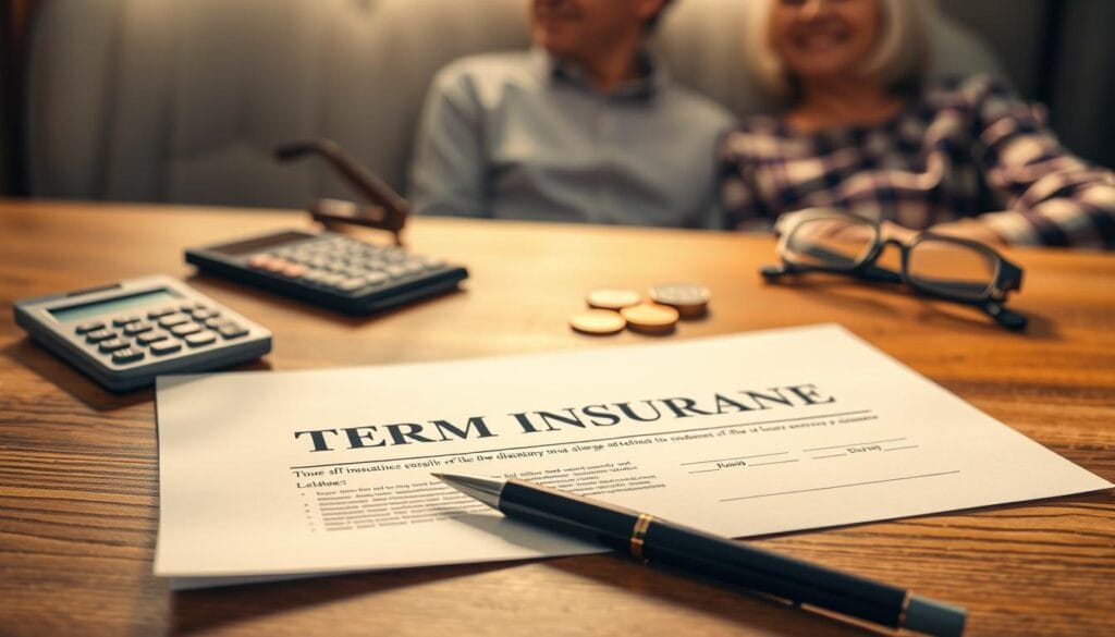 A simple, yet elegant term insurance policy laid out on a wooden table, bathed in warm, natural lighting. In the foreground, the policy document and a pen in a classic black design. In the middle, a calculator, eyeglasses, and a few coins, symbolizing the budget-friendly nature of the coverage. The background features a soft, blurred image of a senior couple, radiating a sense of security and protection. The overall atmosphere conveys a feeling of practicality, affordability, and the confidence that comes with a well-planned financial future. A simple, yet elegant term insurance policy laid out on a wooden table, bathed in warm, natural lighting. In the foreground, the policy document and a pen in a classic black design. In the middle, a calculator, eyeglasses, and a few coins, symbolizing the budget-friendly nature of the coverage. The background features a soft, blurred image of a senior couple, radiating a sense of security and protection. The overall atmosphere conveys a feeling of practicality, affordability, and the confidence that comes with a well-planned financial future.
