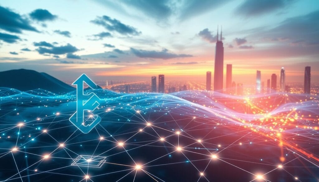 A sleek and futuristic digital landscape, bathed in a warm, ethereal glow. In the foreground, a stylized blockchain symbol, its nodes pulsing with dynamic energy, representing the evolution of decentralized asset management. The middle ground features a complex network of interconnected data streams, visualized as glowing lines and geometric shapes, symbolizing the integration of blockchain technology into the insurance industry. In the distant background, towering skyscrapers and futuristic architecture hint at the urban landscape of 2025, where these advancements have taken root. The overall scene conveys a sense of progress, innovation, and the transformative power of blockchain in reshaping the insurance landscape. A sleek and futuristic digital landscape, bathed in a warm, ethereal glow. In the foreground, a stylized blockchain symbol, its nodes pulsing with dynamic energy, representing the evolution of decentralized asset management. The middle ground features a complex network of interconnected data streams, visualized as glowing lines and geometric shapes, symbolizing the integration of blockchain technology into the insurance industry. In the distant background, towering skyscrapers and futuristic architecture hint at the urban landscape of 2025, where these advancements have taken root. The overall scene conveys a sense of progress, innovation, and the transformative power of blockchain in reshaping the insurance landscape.