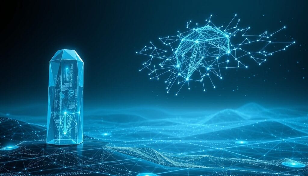 A sleek and futuristic digital landscape, where blockchain technology and AI intersect to enhance transaction security. In the foreground, a towering blockchain icon, its faceted surfaces glowing with an ethereal light, symbolizing the unbreakable cryptographic foundation. In the middle ground, AI-powered algorithms analyze data streams, their neural networks visualized as intricate webs of luminous connections. The background is a vast expanse of subdued tones, punctuated by flickering digital particles, conveying the secure and seamless integration of these two transformative technologies. The scene is bathed in a cool, futuristic lighting, casting dramatic shadows and highlighting the precision and power of this synergistic alliance.