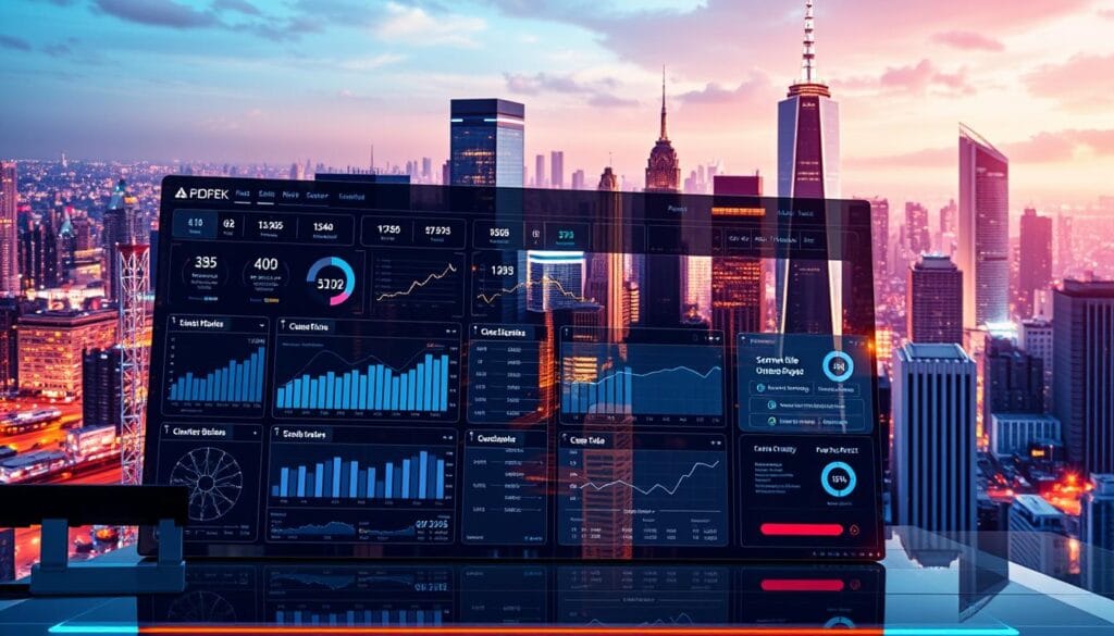 A sleek and futuristic interface with interactive financial tools, set against a backdrop of a vibrant city skyline. In the foreground, a user-friendly dashboard displays a variety of customizable graphs, charts, and interactive visualizations, all rendered in a clean, modern aesthetic. The middle ground features intuitive menus and toggles, allowing the user to seamlessly navigate and personalize their financial data. The background showcases a bustling metropolis, its skyscrapers and cityscape reflected in the gleaming, touchscreen display, conveying a sense of technology-driven progress and innovation. Crisp, directional lighting accentuates the depth and dimensionality of the scene, creating a visually striking and immersive experience.