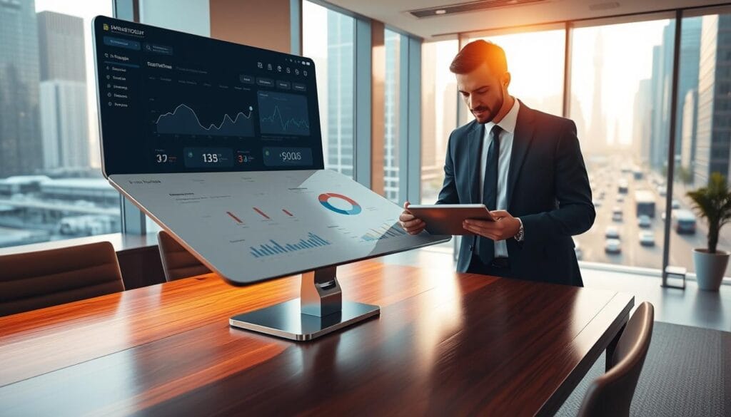 A sleek and minimalist office setting, illuminated by warm, natural lighting filtering through large windows. In the foreground, a modern, touch-enabled expense tracking dashboard hovers above a polished mahogany desk, its intuitive interface and visual analytics conveying the evolution of expense management. In the middle ground, a smartly-dressed professional reviews financial reports on a high-resolution tablet, their face reflecting the ease and efficiency of the AI-powered expense tracking system. In the background, a cityscape of towering skyscrapers and bustling traffic hints at the global reach and scale of this new era of expense management, where cutting-edge technology meets seamless user experience. A sleek and minimalist office setting, illuminated by warm, natural lighting filtering through large windows. In the foreground, a modern, touch-enabled expense tracking dashboard hovers above a polished mahogany desk, its intuitive interface and visual analytics conveying the evolution of expense management. In the middle ground, a smartly-dressed professional reviews financial reports on a high-resolution tablet, their face reflecting the ease and efficiency of the AI-powered expense tracking system. In the background, a cityscape of towering skyscrapers and bustling traffic hints at the global reach and scale of this new era of expense management, where cutting-edge technology meets seamless user experience.