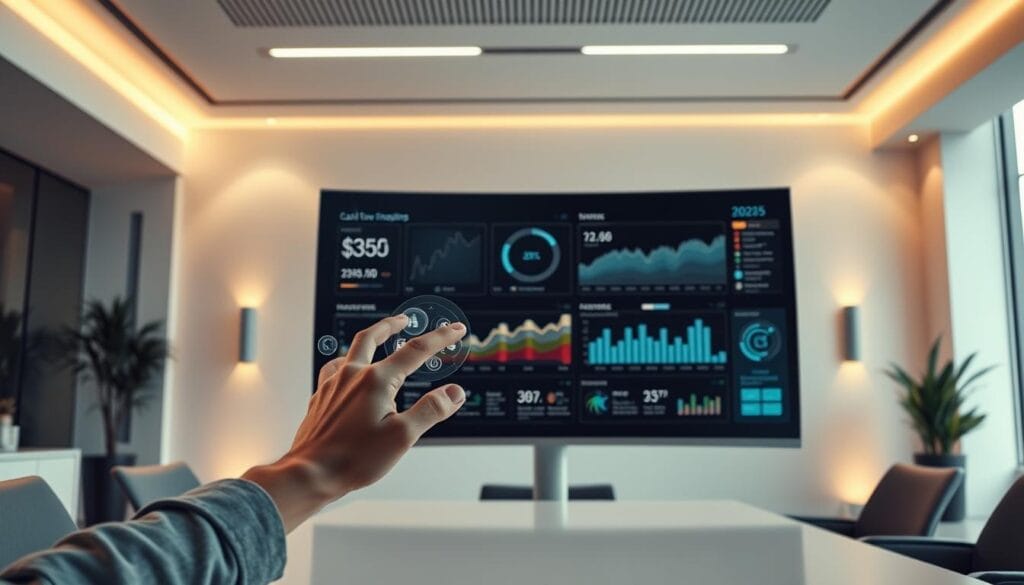 A sleek and minimalist office setting in 2025, with a large, curved monitor displaying detailed cash flow analytics powered by AI. The scene is bathed in warm, diffused lighting from overhead fixtures, creating a serene and productive atmosphere. In the foreground, a person's hands interact with a holographic interface, effortlessly manipulating financial data with intuitive gestures. The background features futuristic architecture with clean lines and subdued colors, conveying a sense of technological sophistication. The overall composition emphasizes the seamless integration of AI into personal finance management, hinting at the transformative potential of these emerging tools.