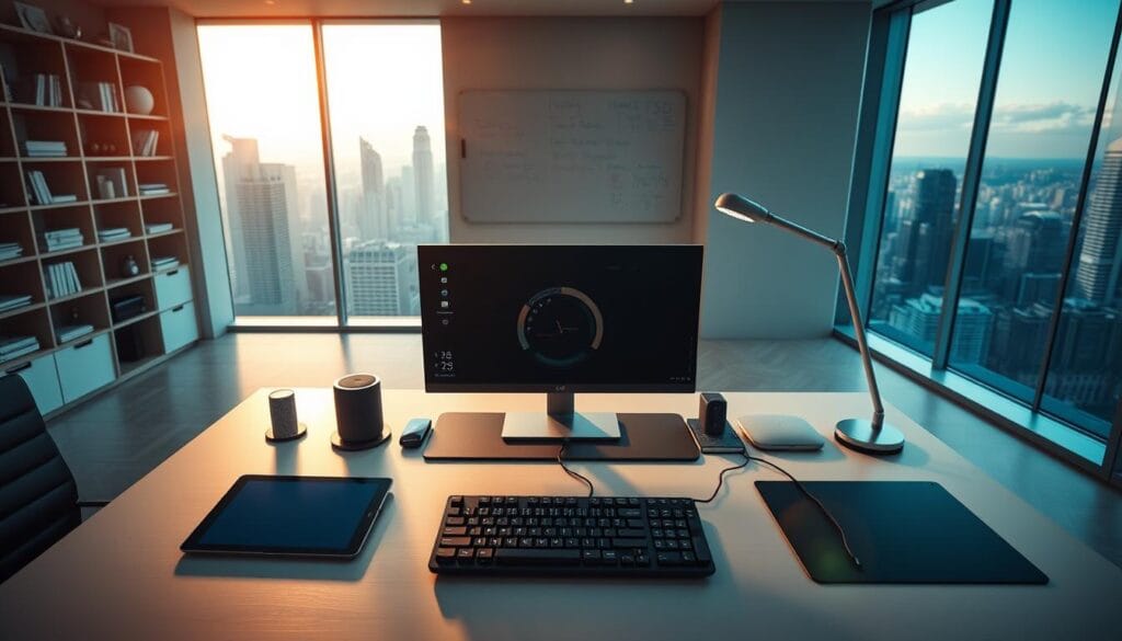 A sleek and minimalist office setting with a central desk showcasing an array of cutting-edge operational tools. In the foreground, a tablet, a mechanical keyboard, and a state-of-the-art desktop computer with a high-resolution display. Placed strategically around the desk are a smart speaker, a wireless charging pad, and a sleek, futuristic-looking desk lamp providing a warm, focused light. The middle ground features a large, modern whiteboard on the wall, along with shelves holding reference materials and organizational tools. In the background, floor-to-ceiling windows offer a stunning cityscape view, bathed in the soft glow of the afternoon sun. The overall atmosphere exudes efficiency, innovation, and a sense of financial resilience.