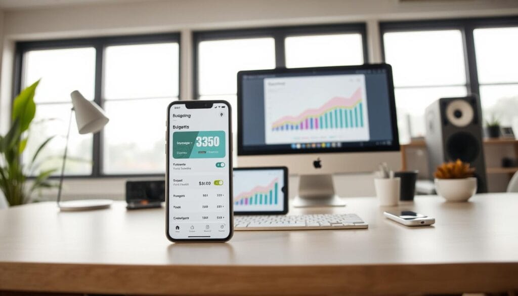 A sleek and modern budgeting app interface displayed on a minimalist desk setup. In the foreground, an elegantly designed smartphone screen shows clean, intuitive budgeting tools and visual analytics. The middle ground features a muted-tone desktop computer, tablet, and accessories, creating a professional, organized workspace. The background has a soft, natural light filtering through large windows, giving the scene a calming, productive ambiance. The overall composition conveys a sense of effortless personal finance management in a beautifully designed, technology-enabled environment. A sleek and modern budgeting app interface displayed on a minimalist desk setup. In the foreground, an elegantly designed smartphone screen shows clean, intuitive budgeting tools and visual analytics. The middle ground features a muted-tone desktop computer, tablet, and accessories, creating a professional, organized workspace. The background has a soft, natural light filtering through large windows, giving the scene a calming, productive ambiance. The overall composition conveys a sense of effortless personal finance management in a beautifully designed, technology-enabled environment.