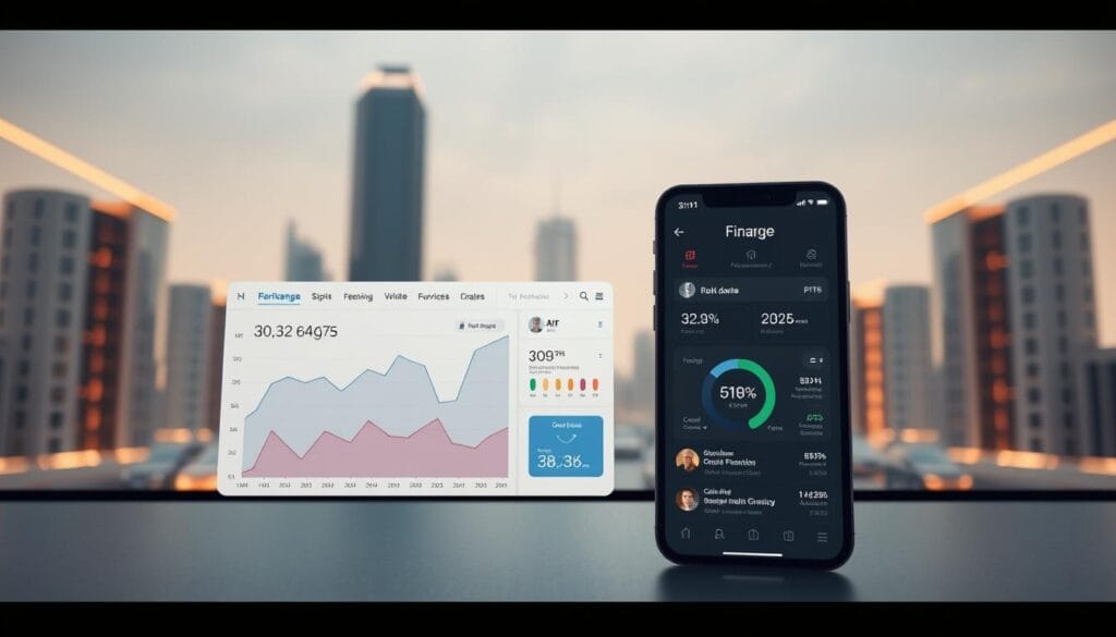 A sleek and modern digital banking interface showcases the latest trends in credit monitoring. In the foreground, a stylized graph and chart display real-time personal credit data, with clean typography and intuitive UI elements. The middle ground features a mobile device with a fintech app, highlighting seamless transaction tracking and credit score updates. The background depicts a minimalist cityscape with futuristic architecture, reflecting the advancement of the digital finance industry. Warm, muted lighting casts a professional, tech-forward atmosphere, while a shallow depth of field draws the viewer's attention to the central financial analytics. The overall composition conveys the sophistication and convenience of next-generation personal finance management. A sleek and modern digital banking interface showcases the latest trends in credit monitoring. In the foreground, a stylized graph and chart display real-time personal credit data, with clean typography and intuitive UI elements. The middle ground features a mobile device with a fintech app, highlighting seamless transaction tracking and credit score updates. The background depicts a minimalist cityscape with futuristic architecture, reflecting the advancement of the digital finance industry. Warm, muted lighting casts a professional, tech-forward atmosphere, while a shallow depth of field draws the viewer's attention to the central financial analytics. The overall composition conveys the sophistication and convenience of next-generation personal finance management.