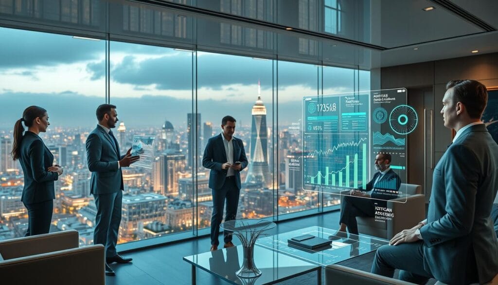 A sleek and modern financial advisory office, with a panoramic view of a bustling city skyline. In the foreground, a team of well-dressed, tech-savvy "robo-advisors" interact with holographic displays, analyzing complex financial data and crafting personalized investment strategies for their affluent clients. The middle ground features a serene lounge area, where investors dressed in elegant attire consult with the robo-advisors, reviewing portfolios and discussing their financial goals. The background showcases the latest cutting-edge technology, including artificial intelligence algorithms, blockchain-enabled platforms, and advanced data visualization tools, all working in harmony to provide a seamless and personalized wealth management experience for the discerning high-net-worth individuals. A sleek and modern financial advisory office, with a panoramic view of a bustling city skyline. In the foreground, a team of well-dressed, tech-savvy "robo-advisors" interact with holographic displays, analyzing complex financial data and crafting personalized investment strategies for their affluent clients. The middle ground features a serene lounge area, where investors dressed in elegant attire consult with the robo-advisors, reviewing portfolios and discussing their financial goals. The background showcases the latest cutting-edge technology, including artificial intelligence algorithms, blockchain-enabled platforms, and advanced data visualization tools, all working in harmony to provide a seamless and personalized wealth management experience for the discerning high-net-worth individuals.