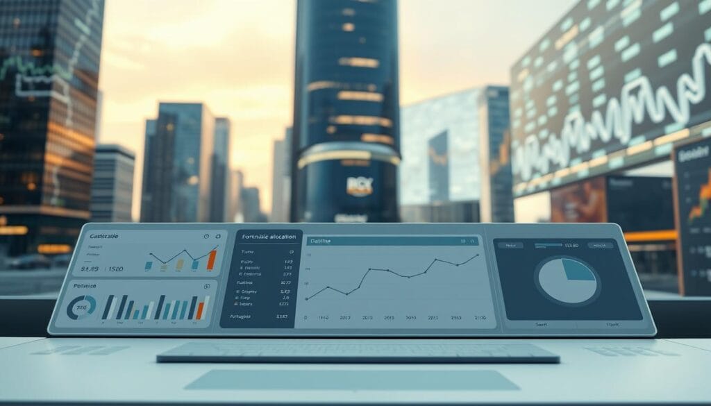 A sleek and modern financial dashboard with intuitive controls and data visualizations. In the foreground, a user interface with customizable portfolio allocation, automated rebalancing, and performance tracking. The middle ground features a 3D rendered model of a futuristic investment platform, with clean lines and a minimalist aesthetic. In the background, a cityscape of skyscrapers and financial data streams projected onto large screens, conveying a sense of technological advancement and financial sophistication. The overall image should evoke a feeling of efficiency, precision, and the seamless integration of human and machine intelligence in the world of automated portfolio management. A sleek and modern financial dashboard with intuitive controls and data visualizations. In the foreground, a user interface with customizable portfolio allocation, automated rebalancing, and performance tracking. The middle ground features a 3D rendered model of a futuristic investment platform, with clean lines and a minimalist aesthetic. In the background, a cityscape of skyscrapers and financial data streams projected onto large screens, conveying a sense of technological advancement and financial sophistication. The overall image should evoke a feeling of efficiency, precision, and the seamless integration of human and machine intelligence in the world of automated portfolio management.