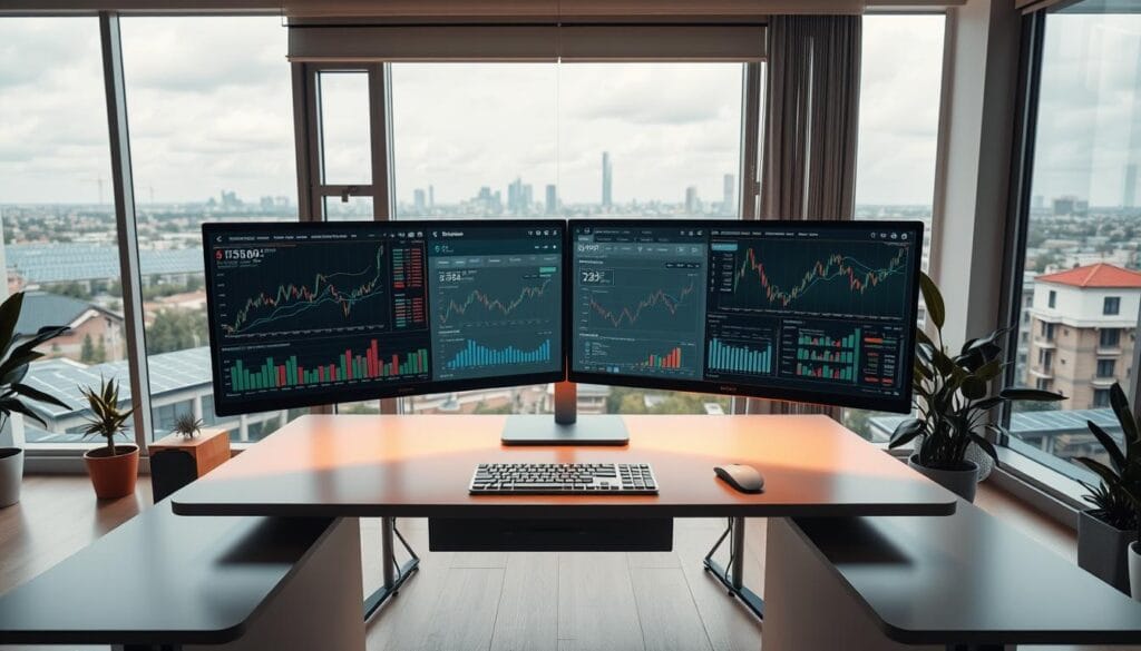 A sleek and modern home office setup, featuring a large desk with a dual-monitor display showcasing various stock charts, graphs, and financial analysis tools. The desk is illuminated by warm, directional lighting, casting a professional yet inviting ambiance. In the background, a large window offers a panoramic view of a sustainable urban landscape, with solar panels and green rooftops visible in the distance. The overall scene conveys a sense of thoughtful, data-driven decision-making in the pursuit of ethical and environmentally conscious investment strategies. A sleek and modern home office setup, featuring a large desk with a dual-monitor display showcasing various stock charts, graphs, and financial analysis tools. The desk is illuminated by warm, directional lighting, casting a professional yet inviting ambiance. In the background, a large window offers a panoramic view of a sustainable urban landscape, with solar panels and green rooftops visible in the distance. The overall scene conveys a sense of thoughtful, data-driven decision-making in the pursuit of ethical and environmentally conscious investment strategies.