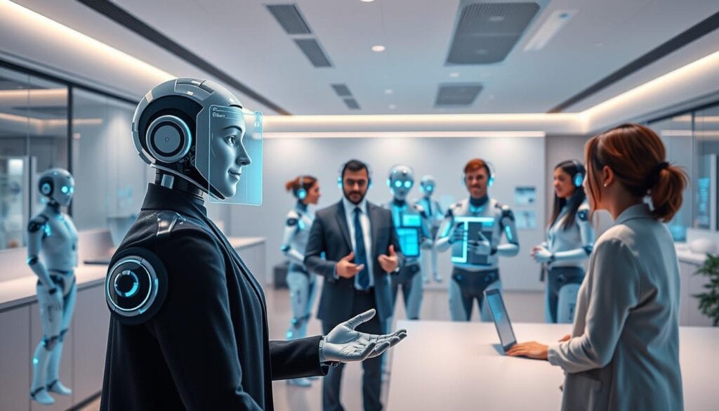 A sleek and modern insurance office with an array of friendly, AI-powered chatbots engaging with customers. In the foreground, a holographic assistant responds to inquiries with a warm, empathetic expression. The middle ground features a team of virtual agents, each with distinct personalities, seamlessly guiding users through policy information and claims processing. The background showcases a minimalist, high-tech environment with muted tones and clean lines, conveying a sense of professionalism and efficiency. Soft, diffused lighting creates a welcoming ambiance, while a wide-angle lens captures the comprehensive scope of this AI-driven customer service experience.