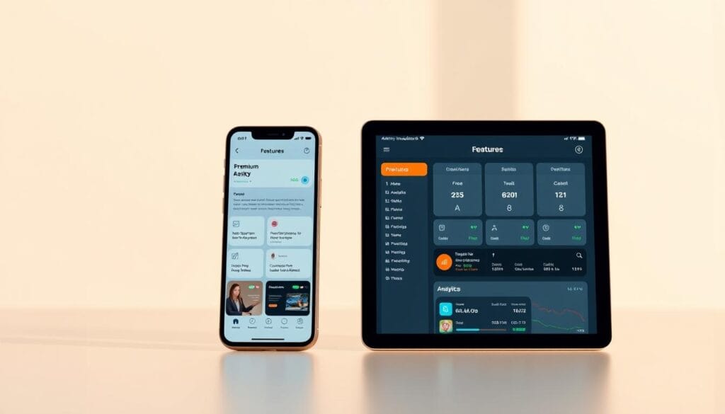 A sleek and modern investment app comparison, showcased on a clean, minimalist digital display. In the foreground, two virtual devices - a smartphone and a tablet - display the features of a free and a premium investment app side-by-side. The free app features are presented on the left, with a simple, uncluttered interface. The premium app on the right has a more sophisticated layout, highlighting advanced tools and analytics. The background is a soft, neutral gradient, allowing the app features to take center stage. The overall scene is illuminated by warm, natural lighting, creating a professional and trustworthy atmosphere.