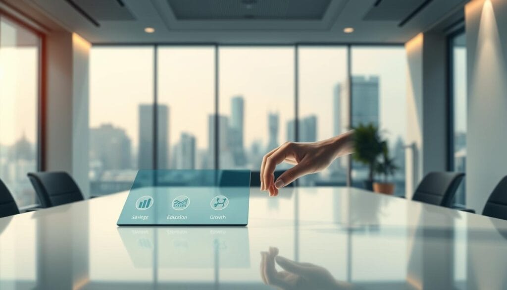 A sleek and modern office interior, bathed in soft, directional lighting. In the foreground, a high-resolution digital display showcases a selection of investment goal icons - retirement, savings, education, growth - arranged neatly on a clean, minimalist desk. The middle ground features a professional-looking human hand, elegantly interacting with the display, as if navigating the investment options. The background is a softly blurred cityscape, conveying a sense of sophistication and financial opportunity. The overall scene exudes a calm, authoritative atmosphere, encouraging the viewer to thoughtfully consider their investment goals.