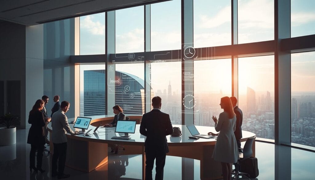 A sleek and modern office interior, bathed in soft, natural lighting. In the foreground, a group of people gathered around a large, curved desk, intently reviewing documents and digital screens. The middle ground features a holographic display, showcasing a seamless integration of insurance services and customer data. In the background, towering windows offer a panoramic view of a bustling city skyline, symbolizing the ever-evolving fintech landscape. The overall atmosphere is one of efficiency, innovation, and a customer-centric approach to financial services. A sleek and modern office interior, bathed in soft, natural lighting. In the foreground, a group of people gathered around a large, curved desk, intently reviewing documents and digital screens. The middle ground features a holographic display, showcasing a seamless integration of insurance services and customer data. In the background, towering windows offer a panoramic view of a bustling city skyline, symbolizing the ever-evolving fintech landscape. The overall atmosphere is one of efficiency, innovation, and a customer-centric approach to financial services.