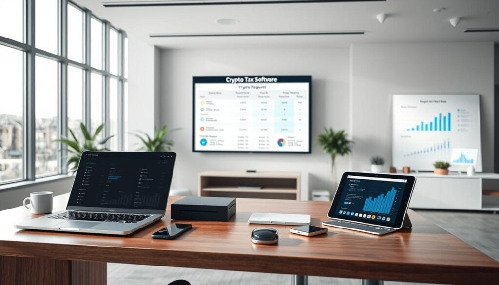 A sleek and modern office interior, with floor-to-ceiling windows allowing natural light to stream in. On a stylish wooden desk, an array of devices - a laptop, a tablet, and a smartphone - showcasing various crypto tax software options. The desk is neatly organized, with a minimalist design aesthetic. In the background, a large monitor displays comparative charts and graphs, highlighting the key features and pricing of different crypto tax tools. The overall atmosphere is one of sophistication and efficiency, reflecting the professionalism and attention to detail required for effective cryptocurrency tax reporting. A sleek and modern office interior, with floor-to-ceiling windows allowing natural light to stream in. On a stylish wooden desk, an array of devices - a laptop, a tablet, and a smartphone - showcasing various crypto tax software options. The desk is neatly organized, with a minimalist design aesthetic. In the background, a large monitor displays comparative charts and graphs, highlighting the key features and pricing of different crypto tax tools. The overall atmosphere is one of sophistication and efficiency, reflecting the professionalism and attention to detail required for effective cryptocurrency tax reporting.