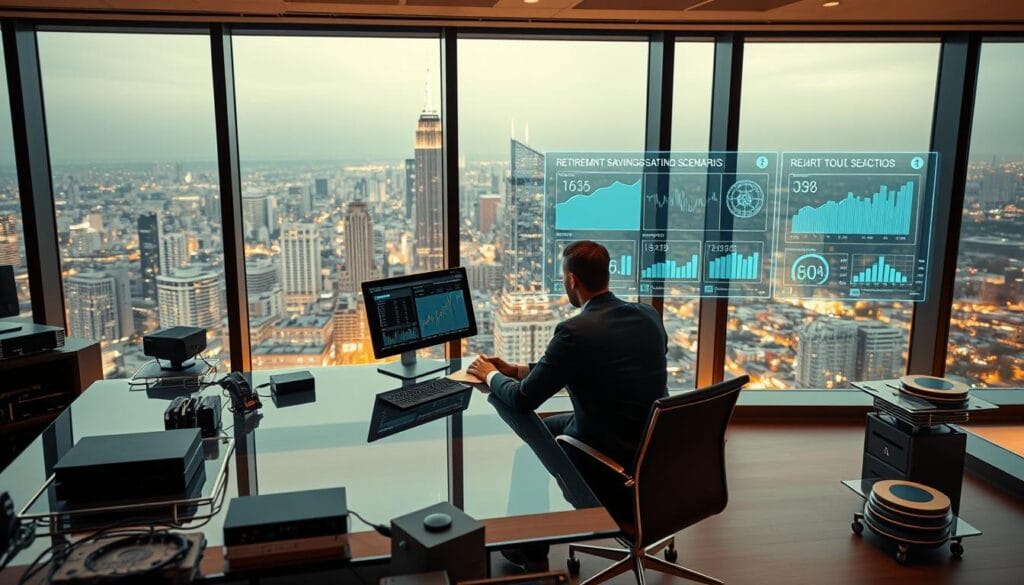 A sleek and modern office interior with floor-to-ceiling windows overlooking a bustling city skyline. In the foreground, a well-dressed professional sits at a minimalist glass desk, intently focused on a high-resolution display showing various financial charts and graphs. Beside the desk, a sophisticated-looking AI assistant device projects a holographic interface, displaying retirement savings optimization scenarios. The middle ground features various technological accoutrements such as cutting-edge computing hardware, 3D-printed models, and an array of sensors tracking real-time market data. The background is bathed in warm, indirect lighting, creating a calm and productive atmosphere conducive to successful financial planning.