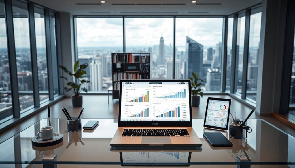 A sleek and modern office interior, with large windows letting in natural light. In the foreground, a glass-topped desk holds a laptop, tablet, and a set of stylish office accessories. On the desk, various financial charts, graphs, and reports are displayed on the laptop and tablet screens, representing AI-powered portfolio optimization tools. In the middle ground, a bookshelf filled with finance and investment books, and a plant adds a touch of greenery to the space. The background features a panoramic view of a bustling city skyline, symbolizing the global reach and scale of the AI portfolio optimization tools. The overall mood is one of professionalism, innovation, and technological advancement, reflecting the cutting-edge nature of the AI-powered portfolio optimization tools in the year 2025. A sleek and modern office interior, with large windows letting in natural light. In the foreground, a glass-topped desk holds a laptop, tablet, and a set of stylish office accessories. On the desk, various financial charts, graphs, and reports are displayed on the laptop and tablet screens, representing AI-powered portfolio optimization tools. In the middle ground, a bookshelf filled with finance and investment books, and a plant adds a touch of greenery to the space. The background features a panoramic view of a bustling city skyline, symbolizing the global reach and scale of the AI portfolio optimization tools. The overall mood is one of professionalism, innovation, and technological advancement, reflecting the cutting-edge nature of the AI-powered portfolio optimization tools in the year 2025.