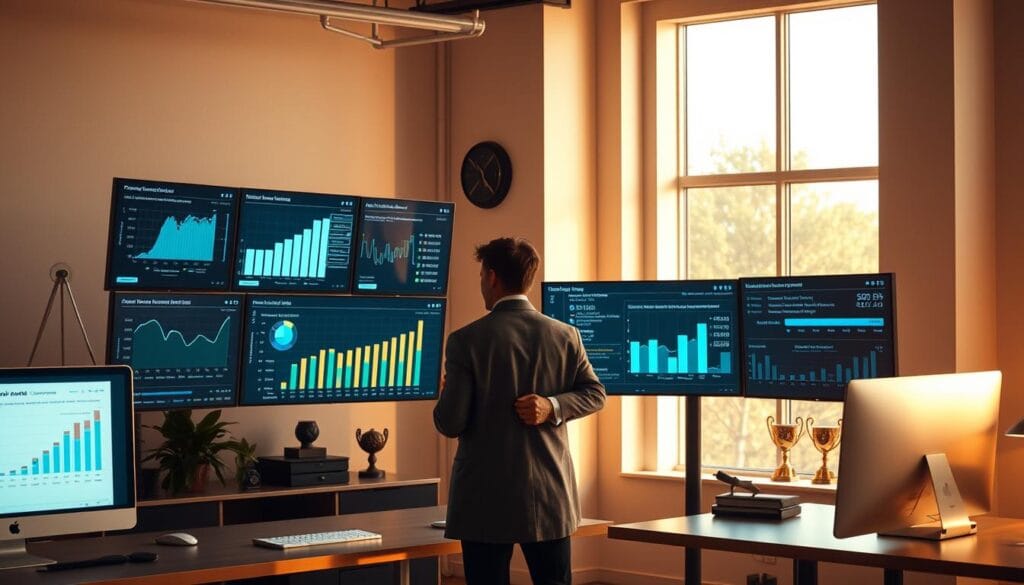 A sleek and modern office setting, bathed in warm lighting from large windows. In the foreground, an array of digital screens displays various AI-powered debt management tools, including interactive graphs, personalized payoff plans, and integrated banking data. In the middle ground, a stylishly dressed professional reviews the tools, deep in concentration. The background features minimalist decor and subtle references to financial security, such as a wall-mounted safe or trophy awards. The overall atmosphere conveys a sense of control, efficiency, and confidence in navigating the complexities of credit card debt with the assistance of advanced AI technology.