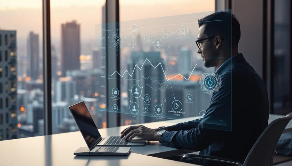 A sleek and modern office setting, with a large window overlooking a bustling cityscape in the background. In the foreground, a portfolio manager sits at a minimalist desk, intently studying a holographic display depicting various financial assets and their correlations. The display is powered by an advanced AI algorithm, its intricate neural networks and data visualizations reflected in the manager's glasses. The lighting is soft and warm, creating a sense of focus and calm amidst the complexity of the digital portfolio. The overall mood is one of precision, innovation, and the seamless integration of human expertise and artificial intelligence in the pursuit of optimal asset allocation and diversification. A sleek and modern office setting, with a large window overlooking a bustling cityscape in the background. In the foreground, a portfolio manager sits at a minimalist desk, intently studying a holographic display depicting various financial assets and their correlations. The display is powered by an advanced AI algorithm, its intricate neural networks and data visualizations reflected in the manager's glasses. The lighting is soft and warm, creating a sense of focus and calm amidst the complexity of the digital portfolio. The overall mood is one of precision, innovation, and the seamless integration of human expertise and artificial intelligence in the pursuit of optimal asset allocation and diversification.