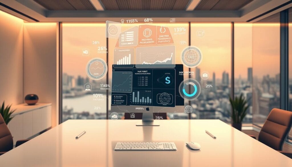 A sleek and modern office setting with a minimalist desk, a high-resolution computer monitor, and a variety of AI-powered financial planning tools and dashboards. The scene is bathed in warm, indirect lighting, creating a calm and focused atmosphere. In the foreground, a stylized 3D visualization of various risk assessment metrics and algorithms floats above the desk, offering intuitive insights into market trends and investment strategies. The background is a serene cityscape, hinting at the global scale and interconnectedness of the AI-driven financial landscape. The overall mood conveys a sense of control, efficiency, and data-driven decision making.